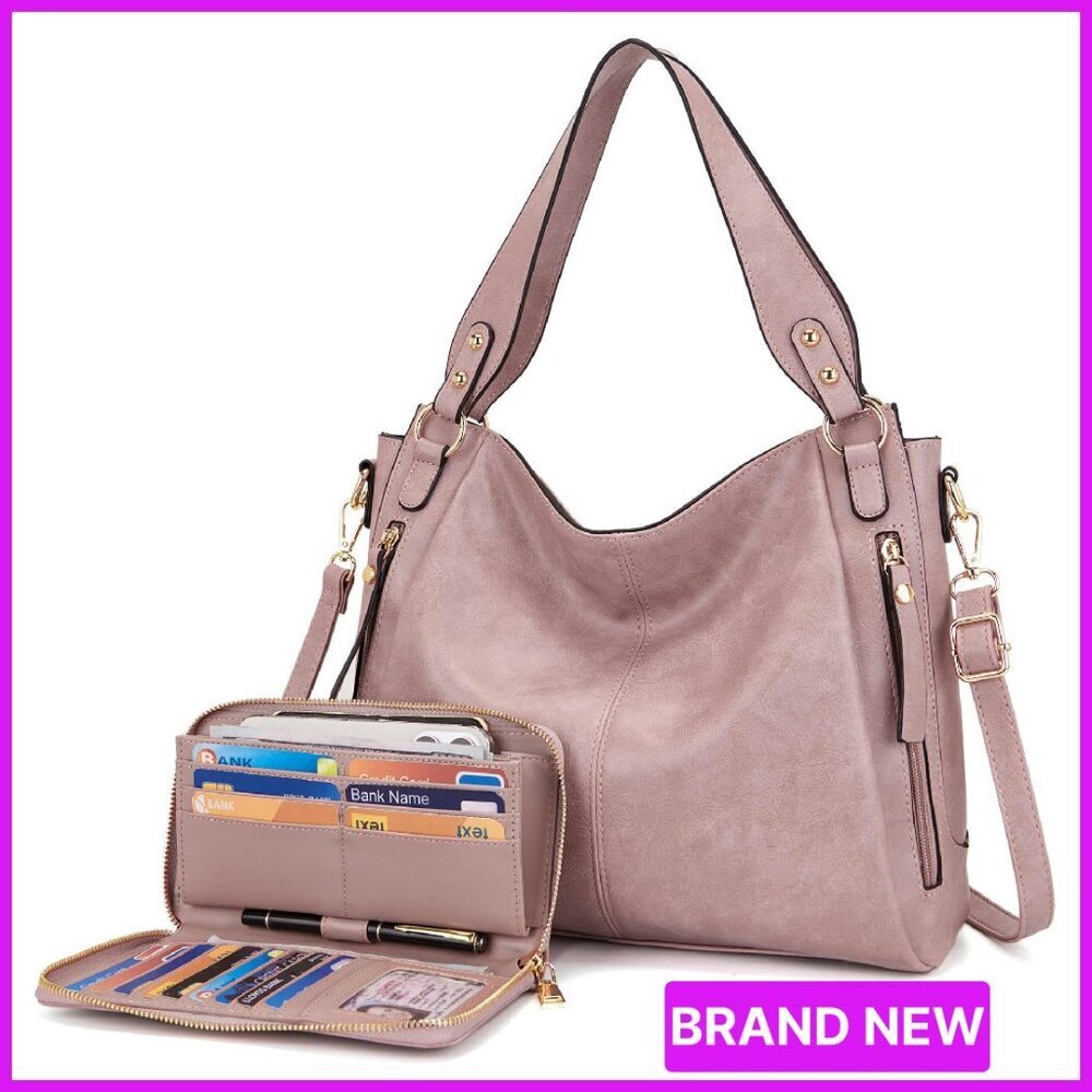 Hobo Handbag Crossbody Tote Shoulder Bag Wallet Set 2pc Elegant Minimal Chic